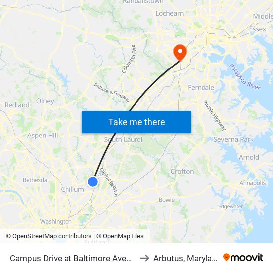 Campus Drive at Baltimore Avenue to Arbutus, Maryland map
