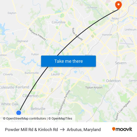 Powder Mill Rd & Kinloch Rd to Arbutus, Maryland map