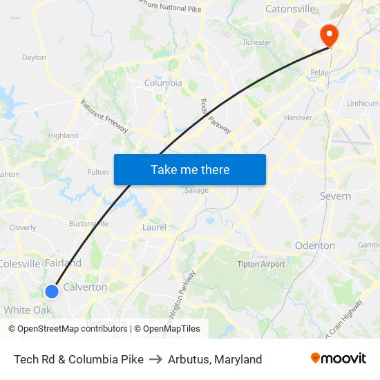 Tech Rd & Columbia Pike to Arbutus, Maryland map