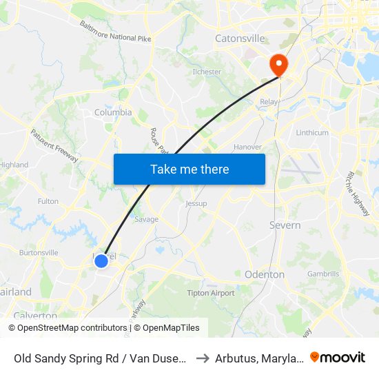 Old Sandy Spring Rd / Van Dusen Rd to Arbutus, Maryland map