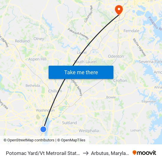 Potomac Yard/Vt Metrorail Station to Arbutus, Maryland map