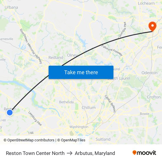 Reston Town Center North to Arbutus, Maryland map