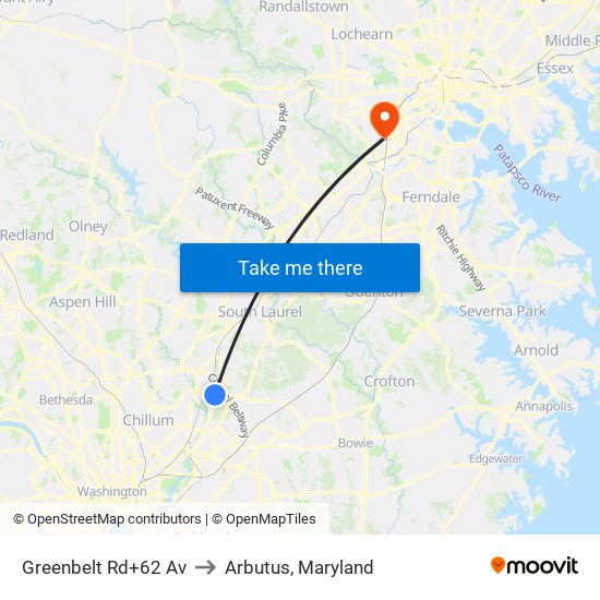 Greenbelt Rd+62 Av to Arbutus, Maryland map