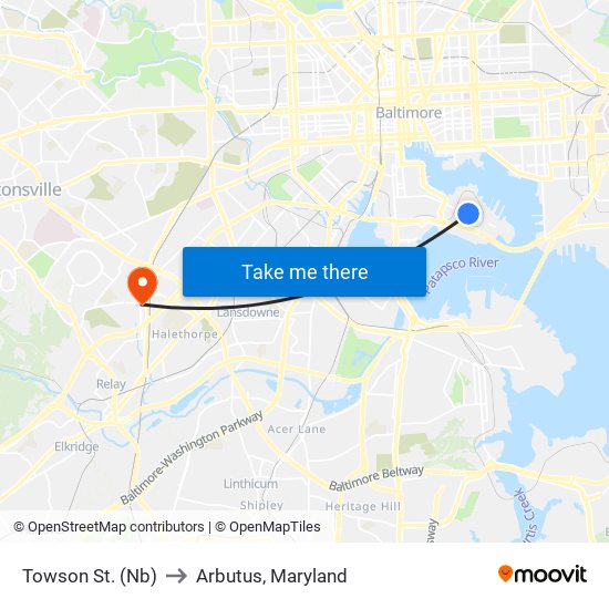 Towson St. (Nb) to Arbutus, Maryland map