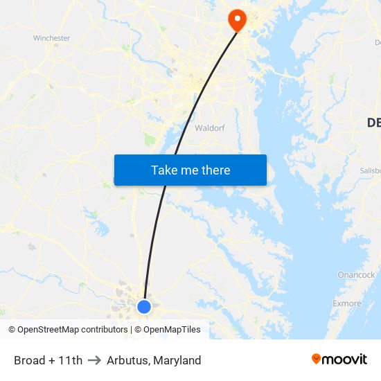 Broad + 11th to Arbutus, Maryland map