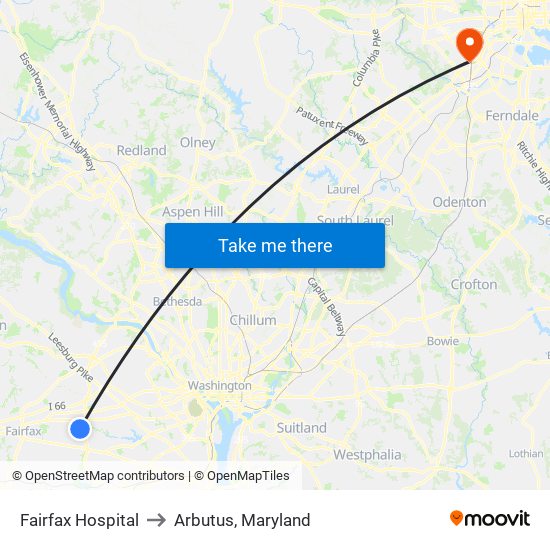 Inova Fairfax Hospital to Arbutus, Maryland map