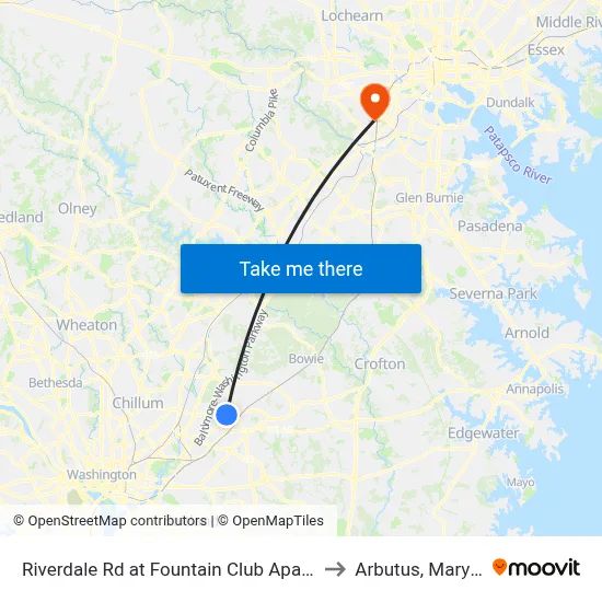 Riverdale Rd at Fountain Club Apartments to Arbutus, Maryland map
