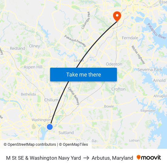 M St SE & Washington Navy Yard to Arbutus, Maryland map