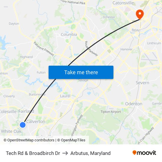 Tech Rd & Broadbirch Dr to Arbutus, Maryland map