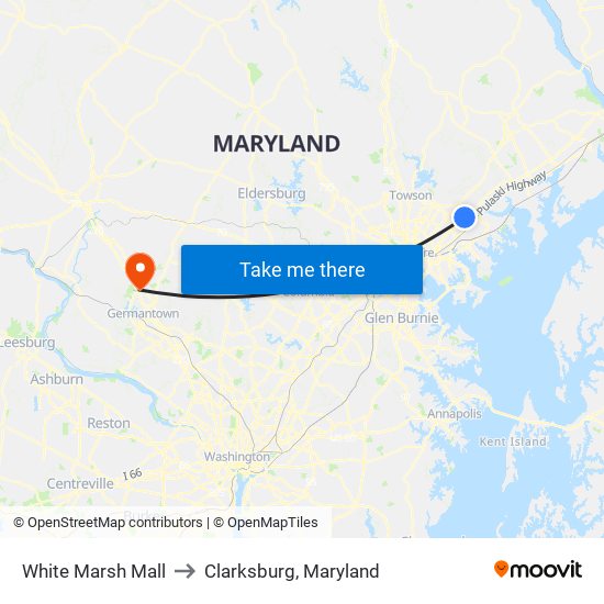 White Marsh Mall to Clarksburg, Maryland map