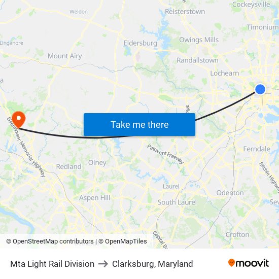 Mta Light Rail Division to Clarksburg, Maryland map