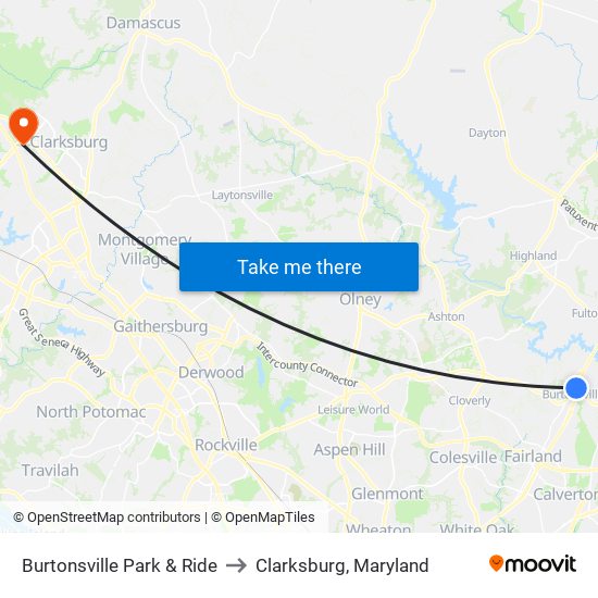Burtonsville Park & Ride to Clarksburg, Maryland map