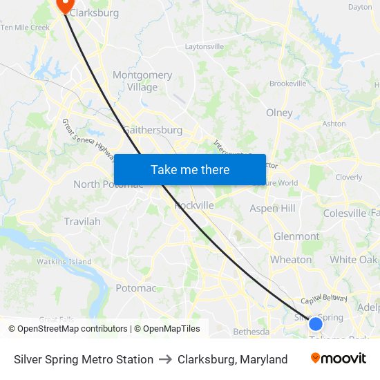 Silver Spring Metro Station to Clarksburg, Maryland map