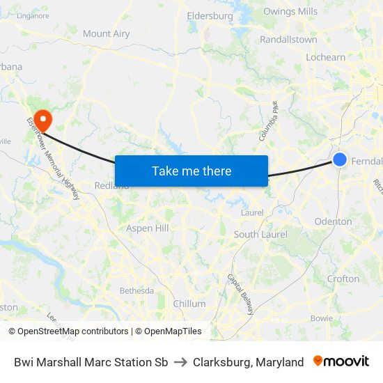 Bwi Marshall Marc Station Sb to Clarksburg, Maryland map