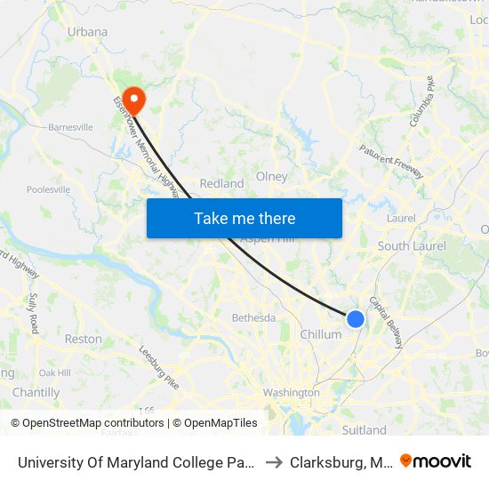 University Of Maryland College Park (Stadium Dr.) to Clarksburg, Maryland map