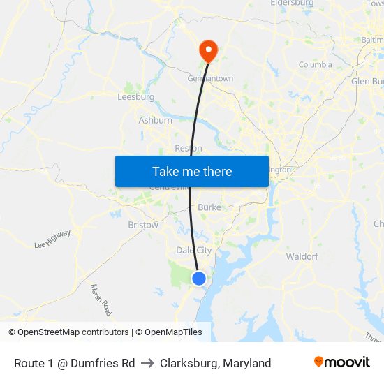 Route 1 @ Dumfries Rd to Clarksburg, Maryland map