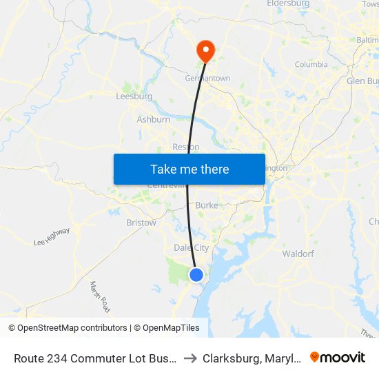 Route 234 Commuter Lot Bus Bay to Clarksburg, Maryland map