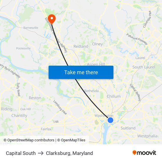 Capital South to Clarksburg, Maryland map