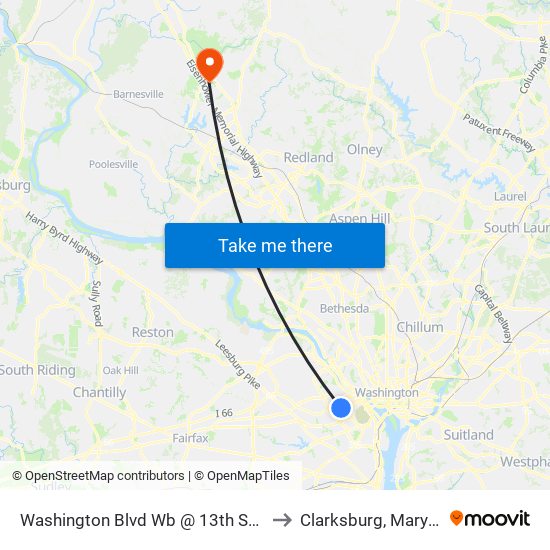 Washington Blvd Wb @ 13th St N Ns to Clarksburg, Maryland map