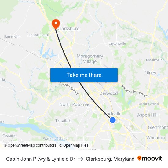 Cabin John Pkwy & Lynfield Dr to Clarksburg, Maryland map