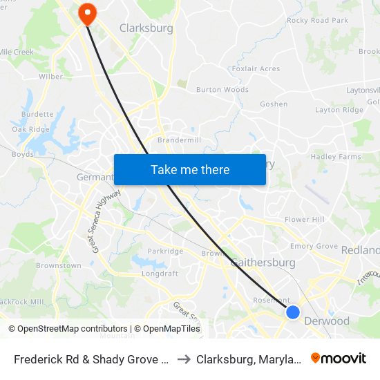 Frederick Rd & Shady Grove Rd to Clarksburg, Maryland map