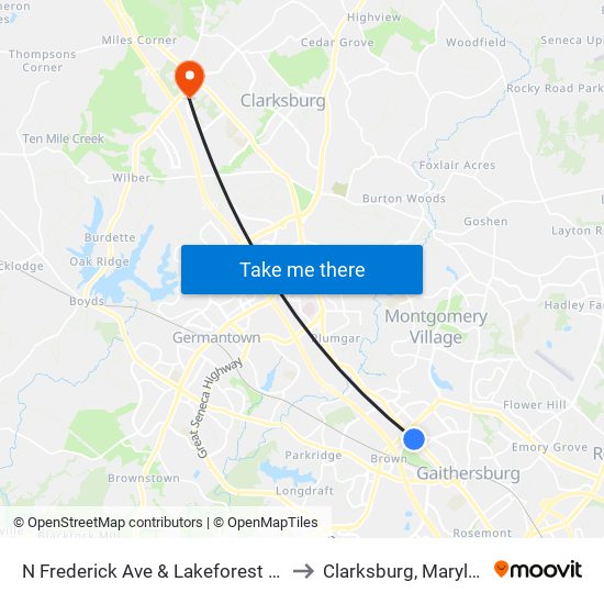 N Frederick Ave & Lakeforest Blvd to Clarksburg, Maryland map