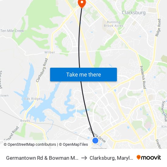 Germantown Rd & Bowman Mill Dr to Clarksburg, Maryland map