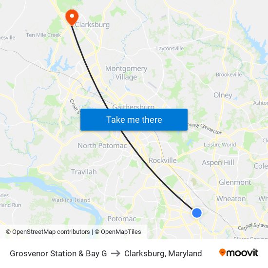 Grosvenor Station & Bay G to Clarksburg, Maryland map