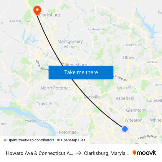 Howard Ave & Connecticut Ave to Clarksburg, Maryland map