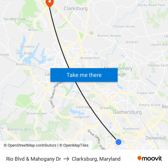 Rio Blvd & Mahogany Dr to Clarksburg, Maryland map