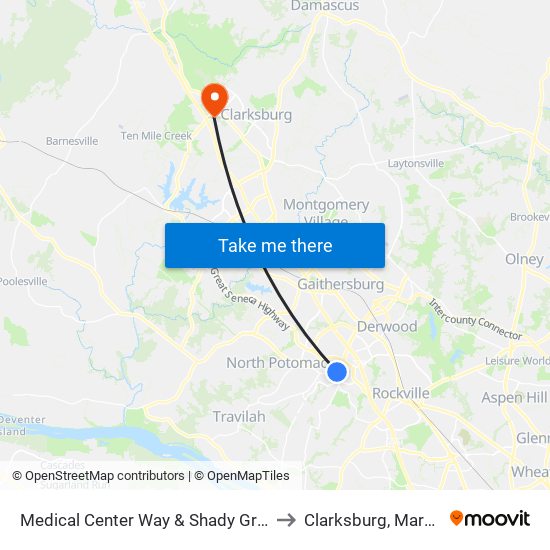 Medical Center Way & Shady Grove Rd to Clarksburg, Maryland map