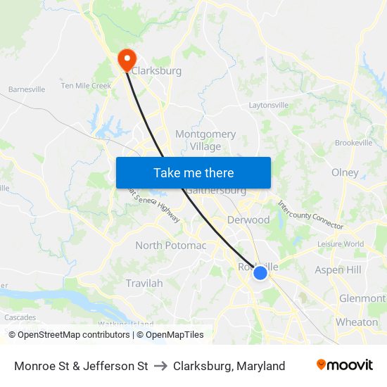 Monroe St & Jefferson St to Clarksburg, Maryland map