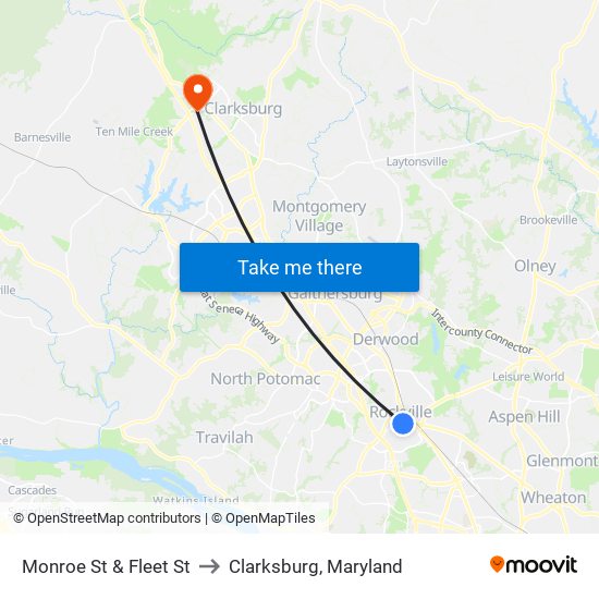 Monroe St & Fleet St to Clarksburg, Maryland map