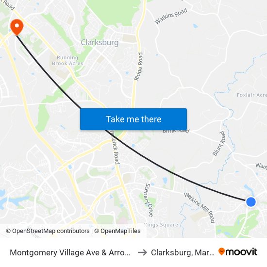 Montgomery Village Ave & Arrowhead Rd to Clarksburg, Maryland map