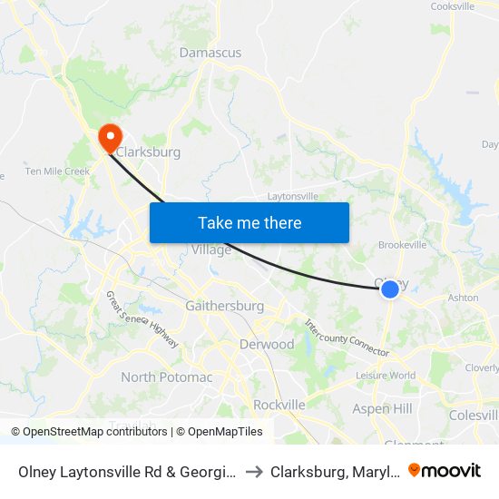 Olney Laytonsville Rd & Georgia Ave to Clarksburg, Maryland map