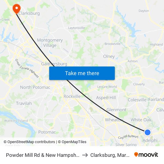 Powder Mill Rd & New Hampshire Ave to Clarksburg, Maryland map