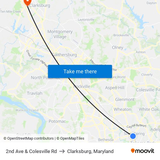 2nd Ave & Colesville Rd to Clarksburg, Maryland map