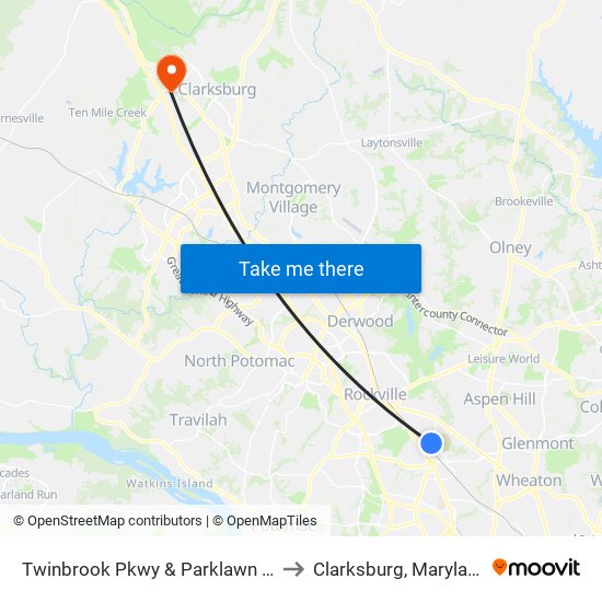 Twinbrook Pkwy & Parklawn Dr to Clarksburg, Maryland map