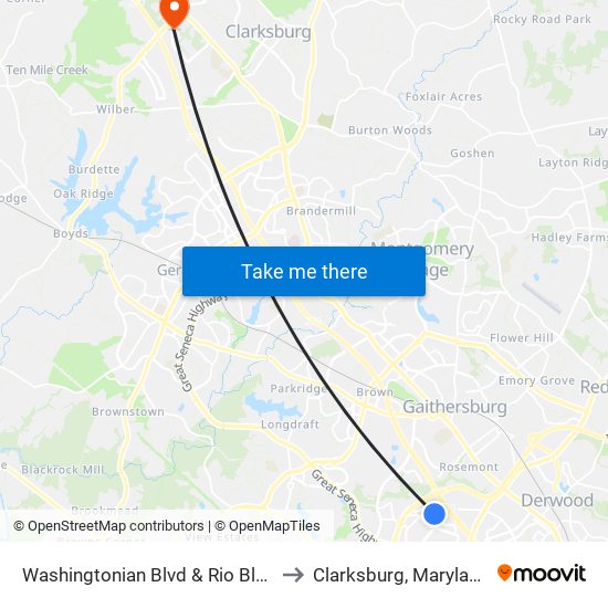 Washingtonian Blvd & Rio Blvd to Clarksburg, Maryland map