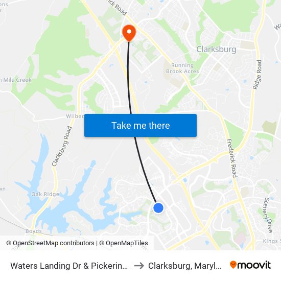 Waters Landing Dr & Pickering Pl to Clarksburg, Maryland map