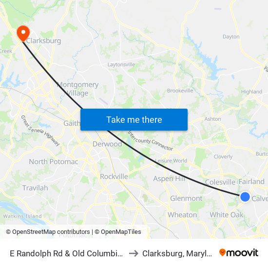 E Randolph Rd & Old Columbia Pk to Clarksburg, Maryland map