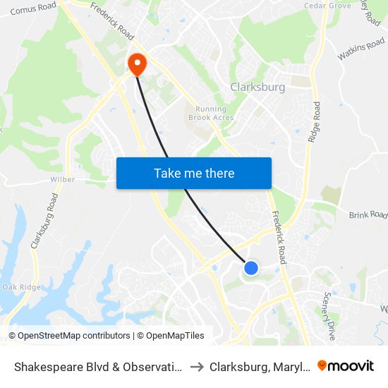 Shakespeare Blvd & Observation Dr to Clarksburg, Maryland map