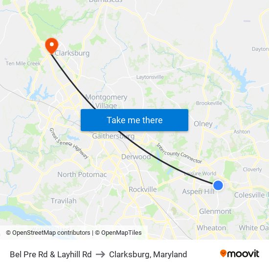 Bel Pre Rd & Layhill Rd to Clarksburg, Maryland map