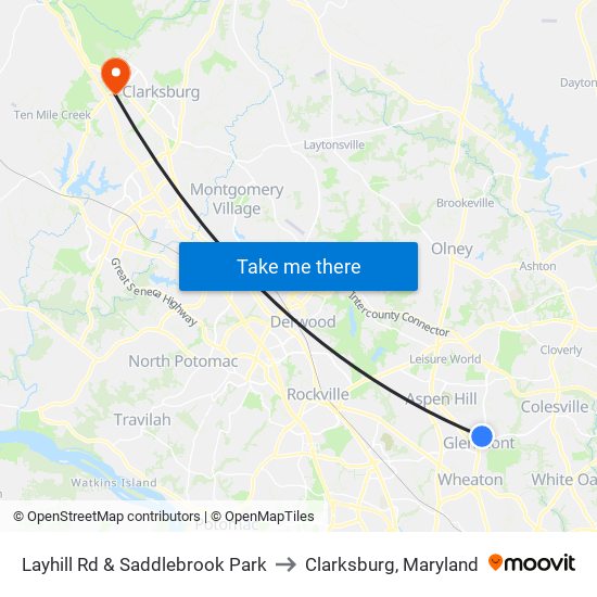 Layhill Rd & Saddlebrook Park to Clarksburg, Maryland map