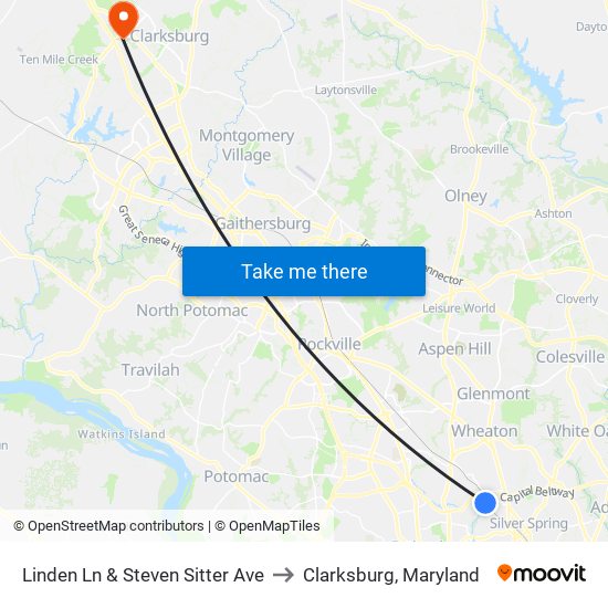 Linden Ln & Steven Sitter Ave to Clarksburg, Maryland map