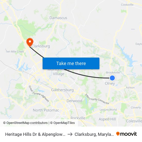 Heritage Hills Dr & Alpenglow Ln to Clarksburg, Maryland map