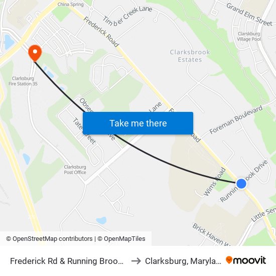 Frederick Rd & Running Brook Dr to Clarksburg, Maryland map