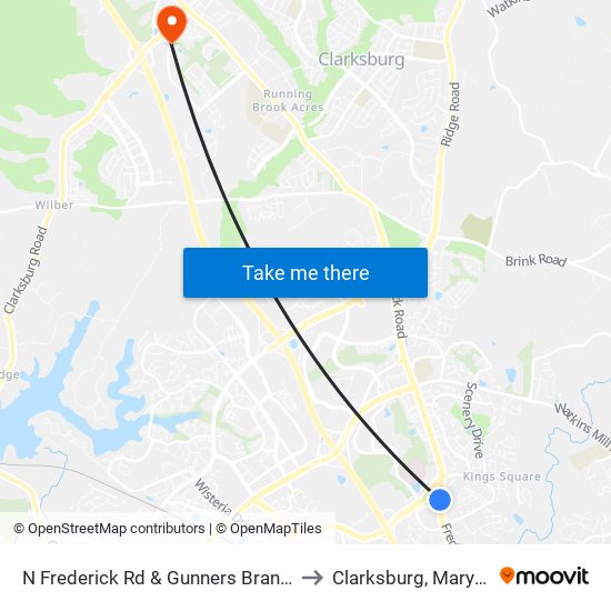 N Frederick Rd & Gunners Branch Rd to Clarksburg, Maryland map