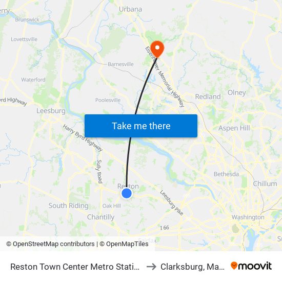 Reston Town Center Metro Station S Bay B to Clarksburg, Maryland map