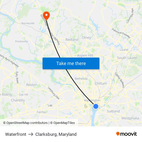 Waterfront to Clarksburg, Maryland map